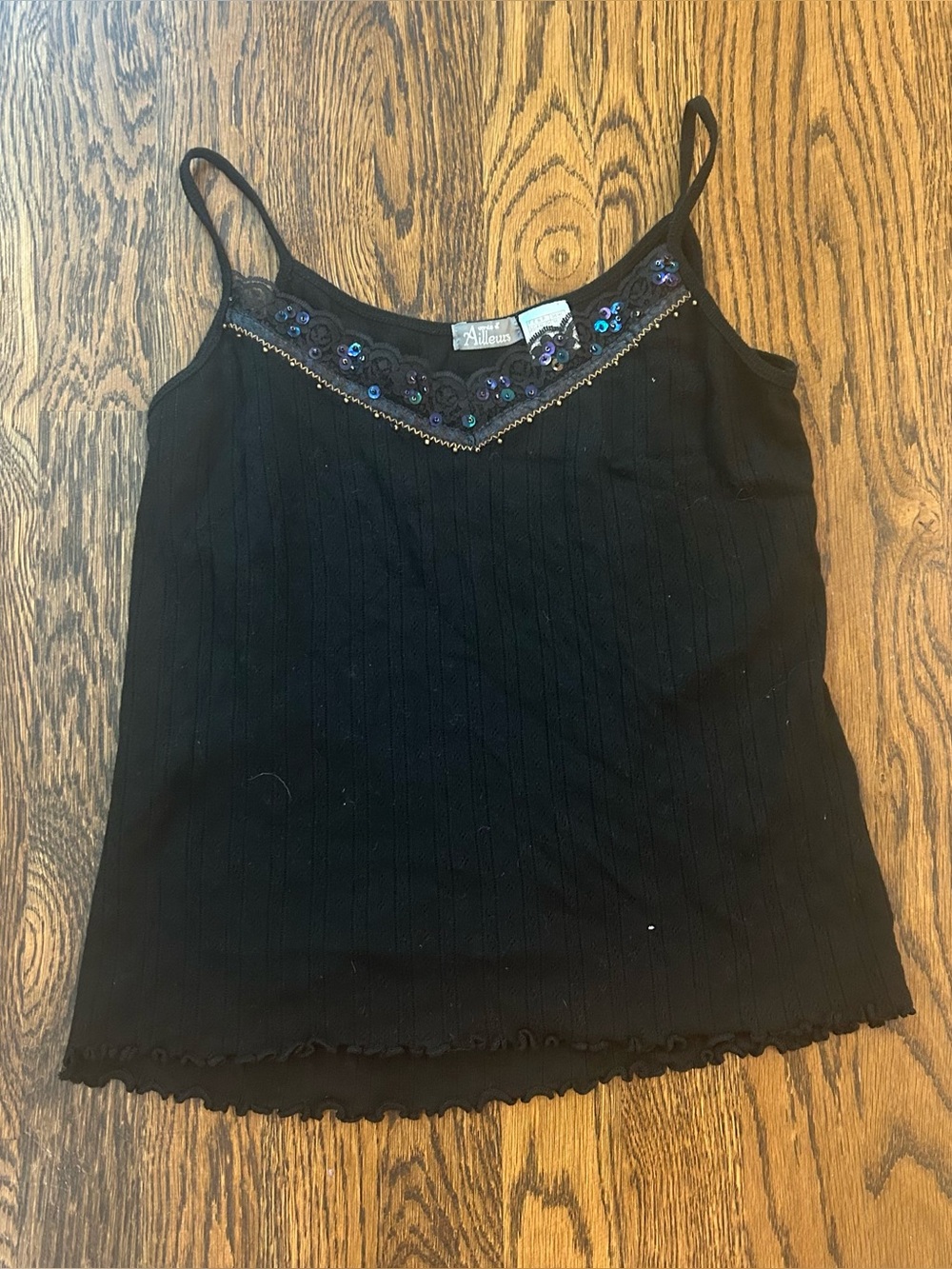 Vintage 2000s Vents d’Ailleurs Sequin Lace Cami Top Black